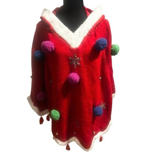Plus Size Holiday Ugly Sweater Christmas Tree Hooded Pancho Cape Cloak - XXL - Picture 3 of 6